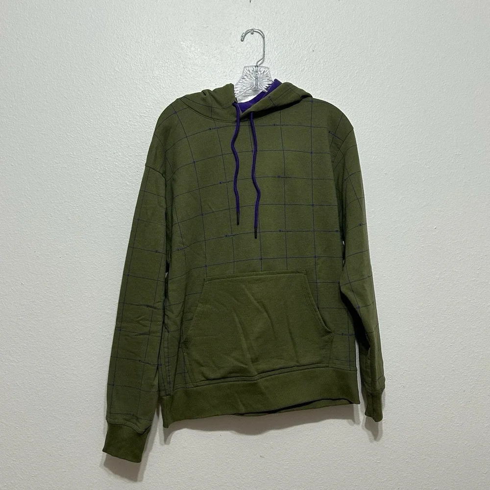 Champion Green and‎ Purple Plaid Power Blend Hoodie Pullover Mens Size M Grunge